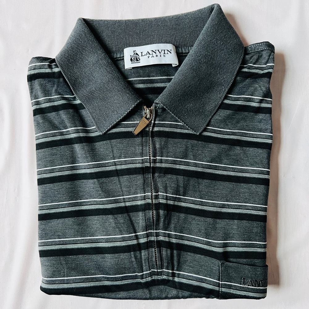 Vintage Lanvin Paris polo shirt striped cotton Grey black quarter Zip logo XXL - Picture 10 of 11